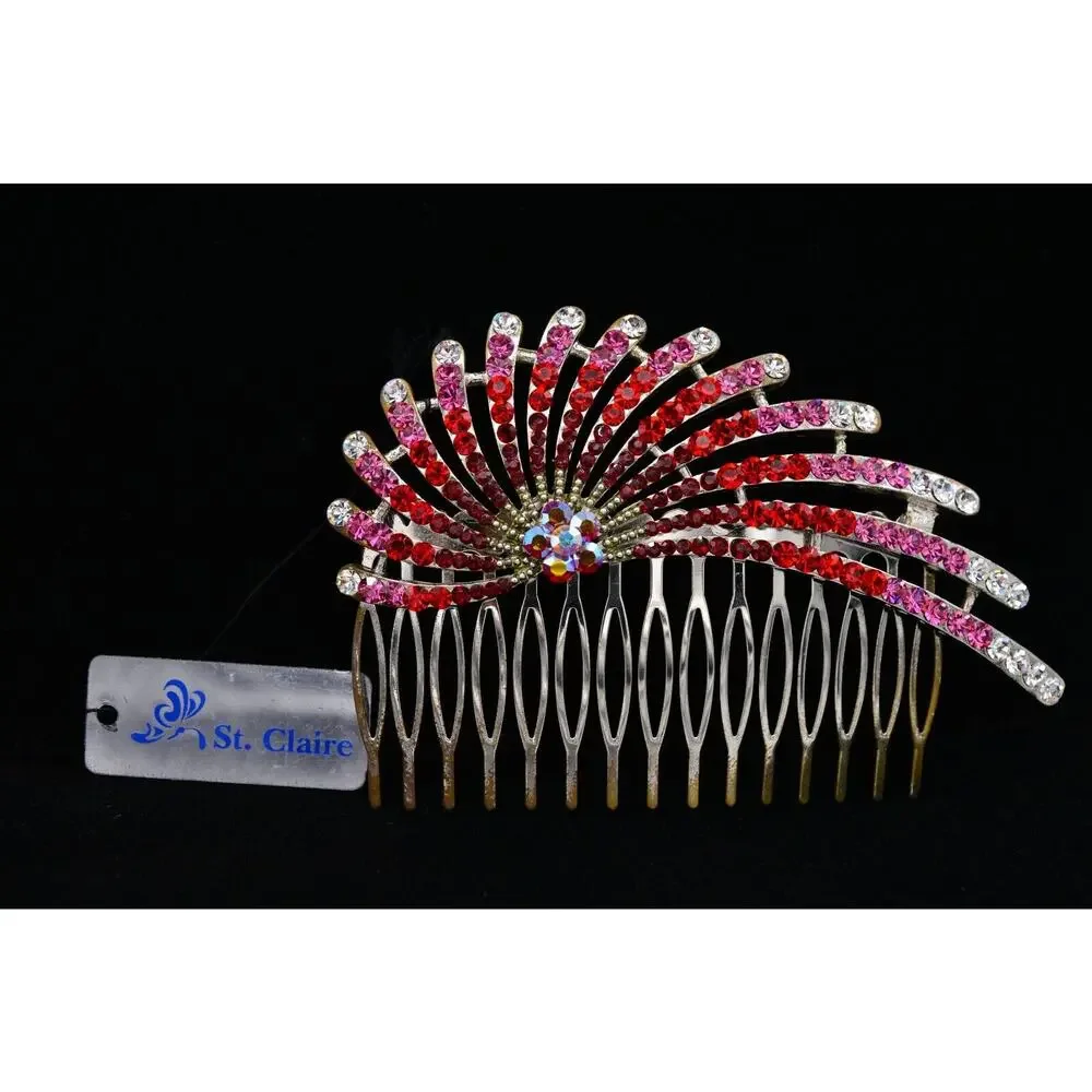 St. Clair Vintage Red Rhinestone Crystal Hair Pin Comb Aurora Borealis Pink